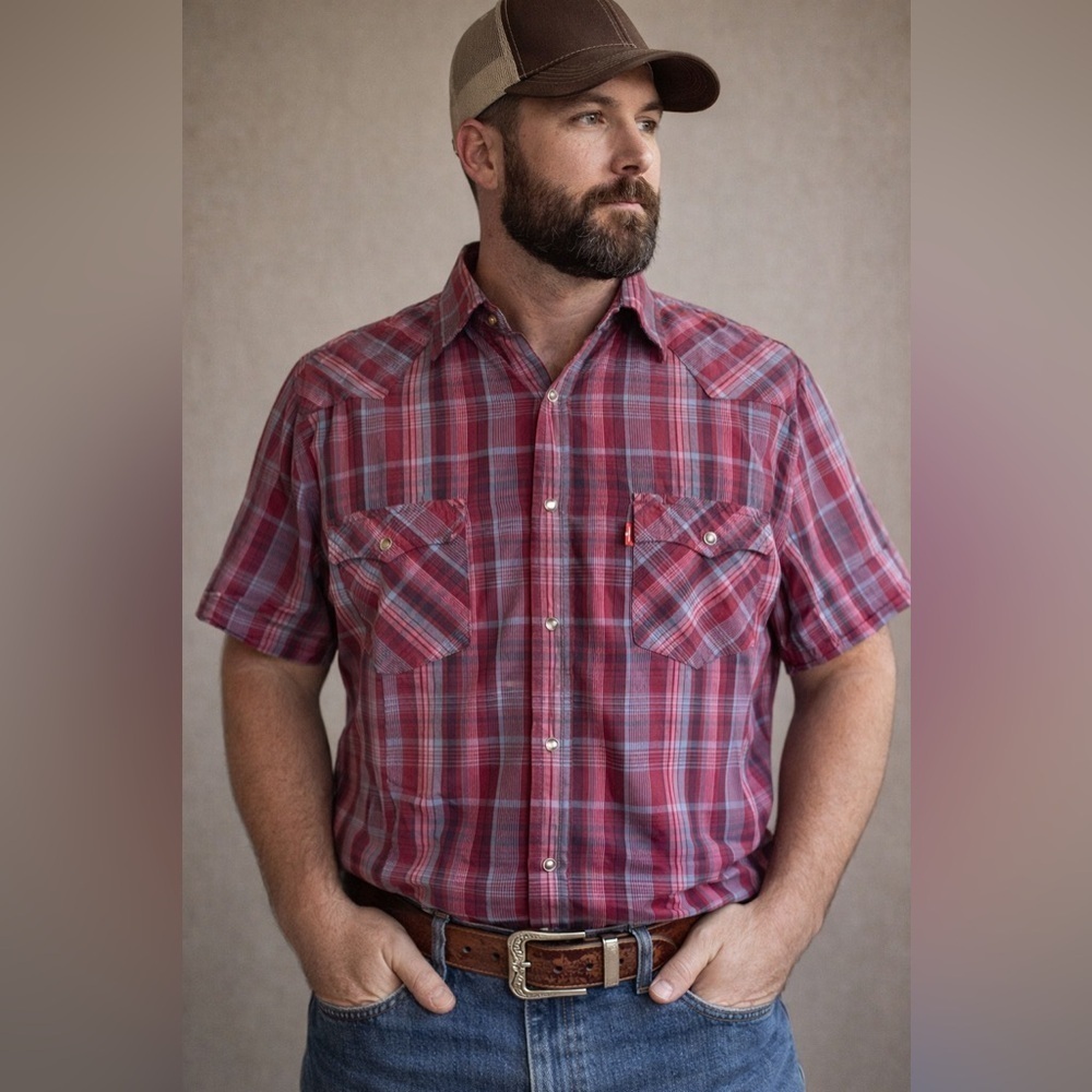 Levis Vintage Mens Western Pearl Snap Shirt XL Plaid Short Sleeve Rodeo Cowboy